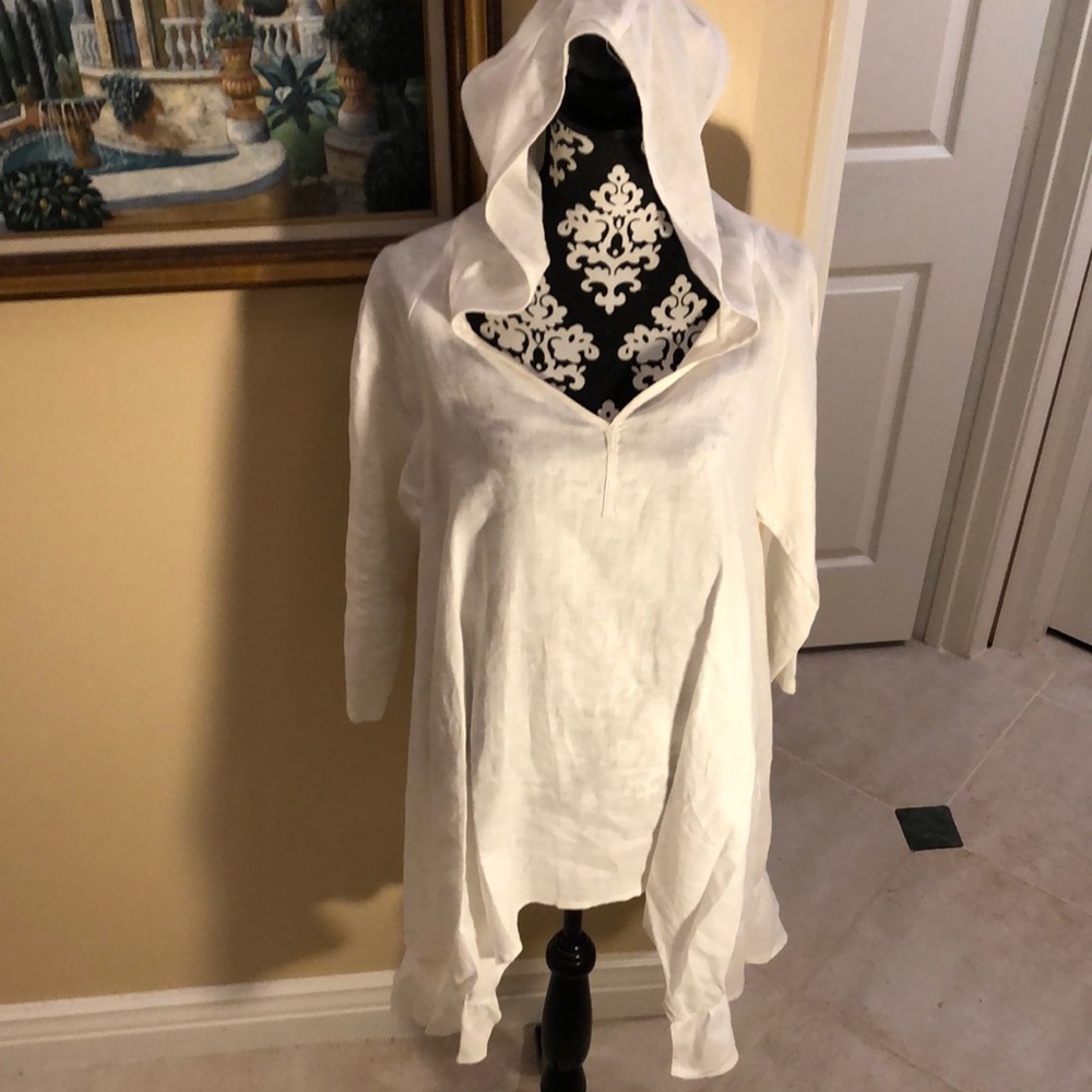 Heydari Linen Asymmetrical Ruffle Hooded V-Neck, long sleeved semi-sheer coverup